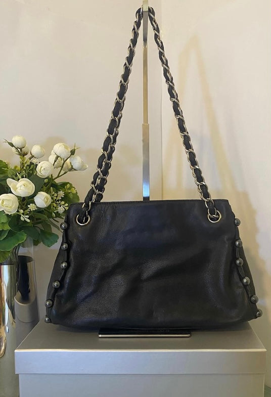 Chanel Small Black Soft Lambskin Leather Pearl Obsession Tote SHW