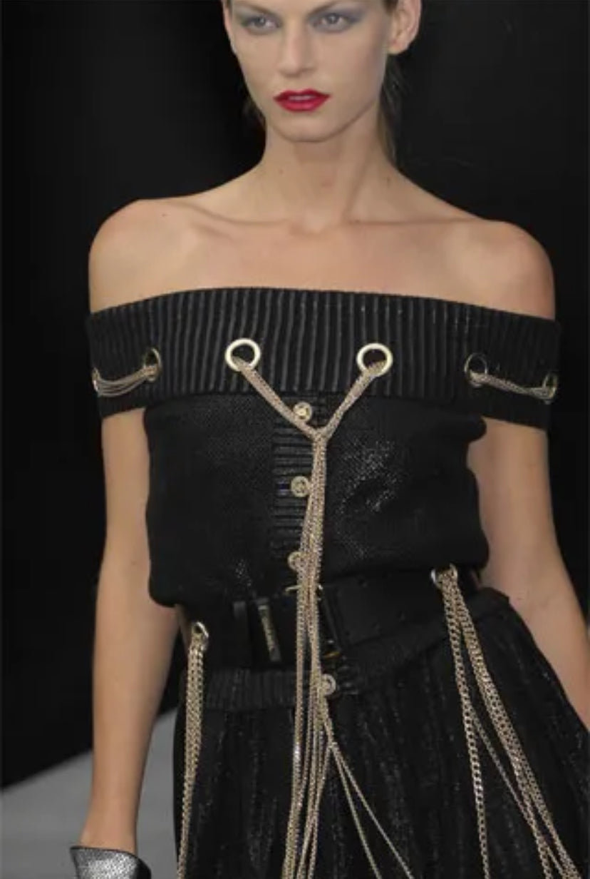 CHANEL 08P RUNWAY BLACK TWEED DRESS GOLD CC LOGO CHAINS FR 50
