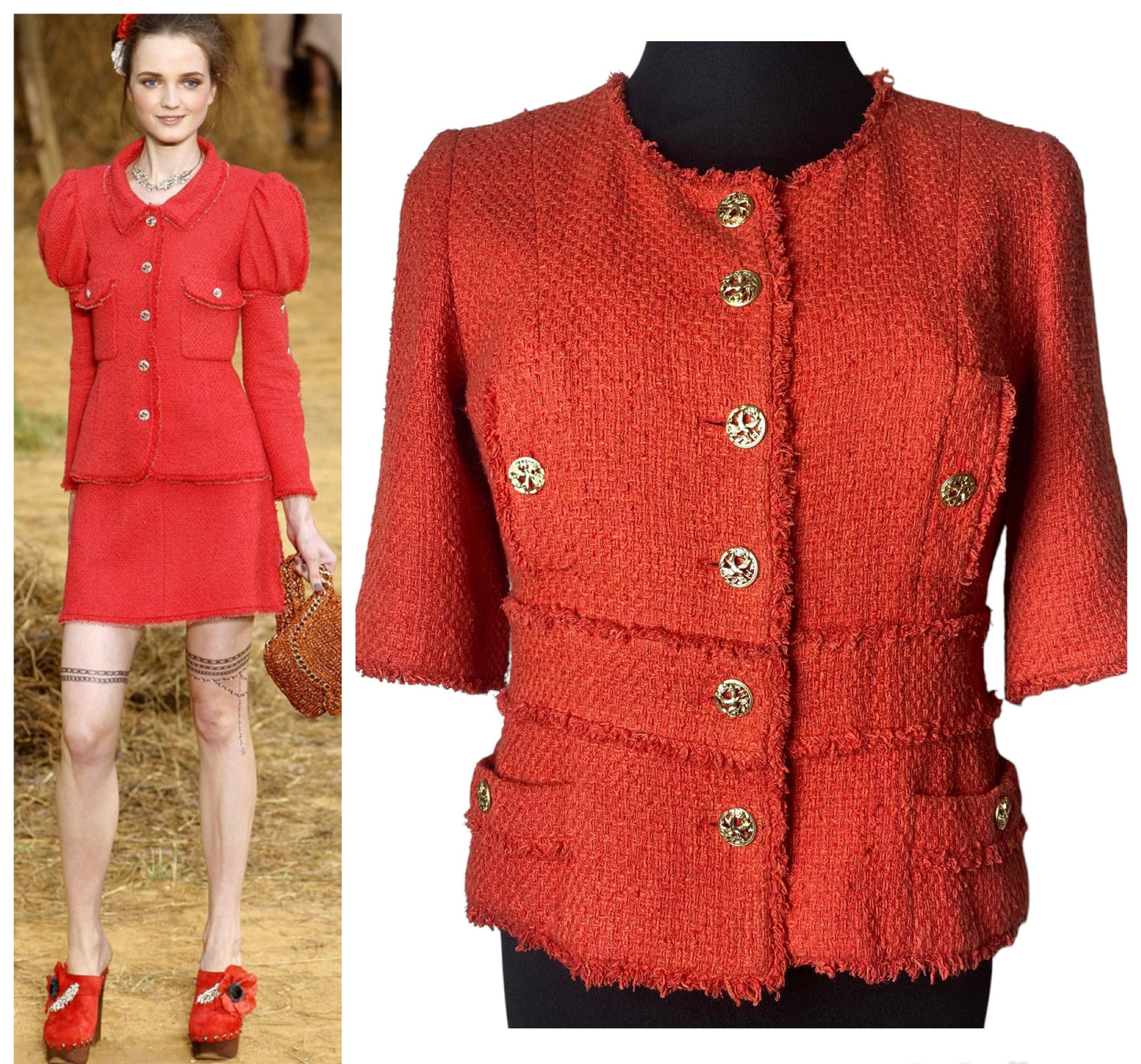 Chanel 10P Runway Red Boucle Tweed Fringe Jacket FR 44