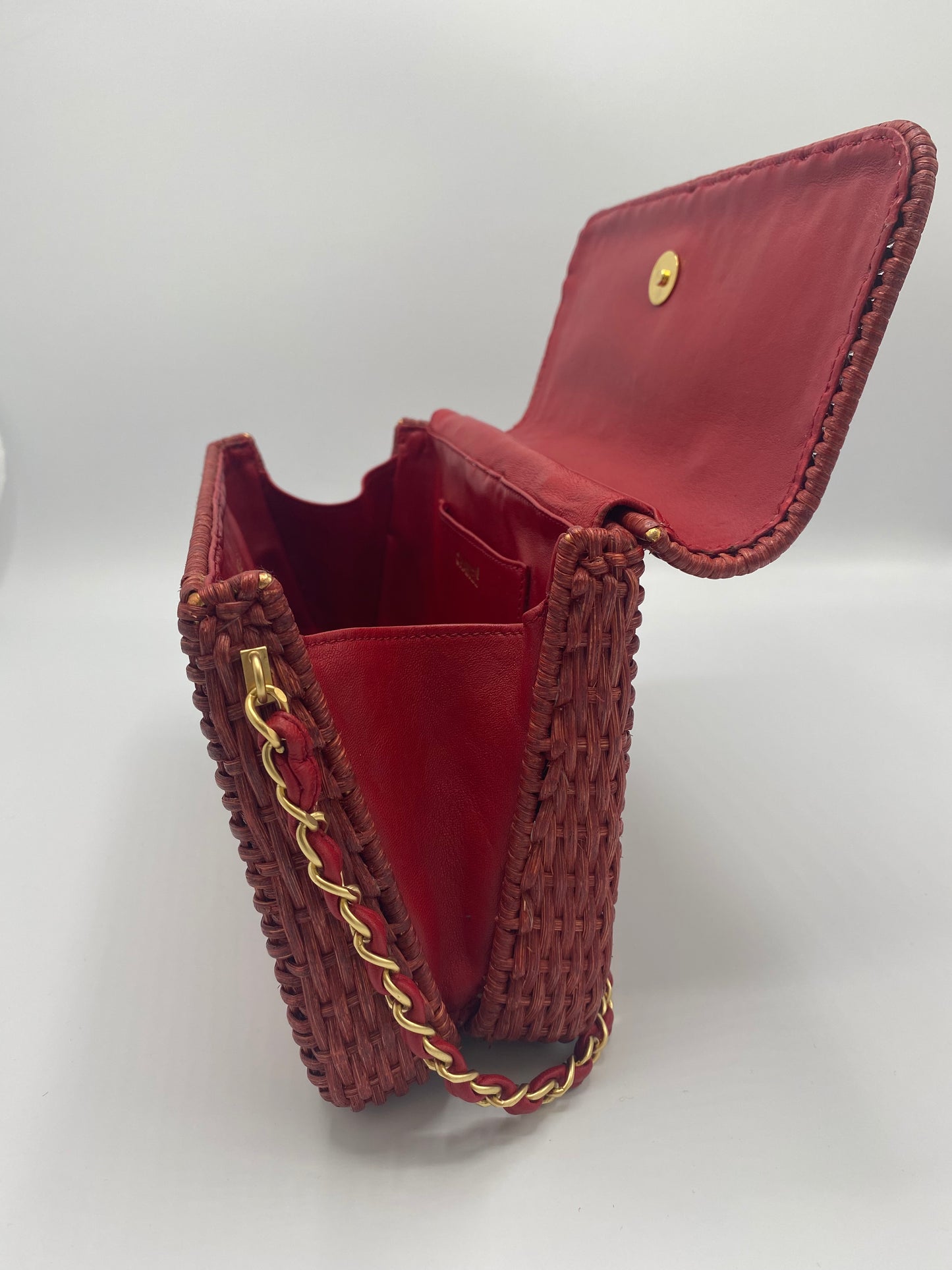 Chanel Extremely Rare 2001 Spring Red Wicker Basket Classic Flap Handbag with Matte Gold Hardware