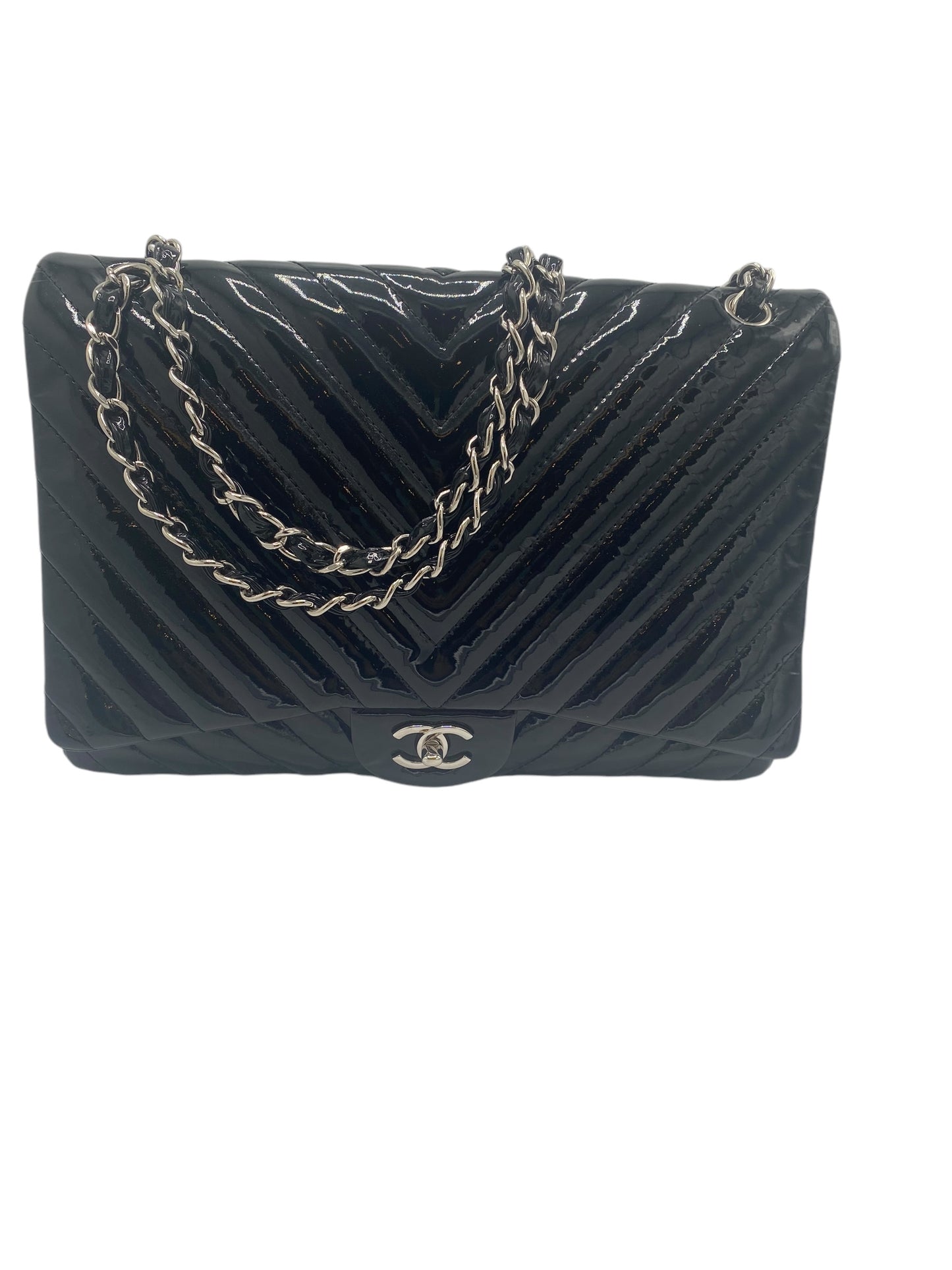 Chanel Black Maxi Patent Chevron Classic Flap Bag