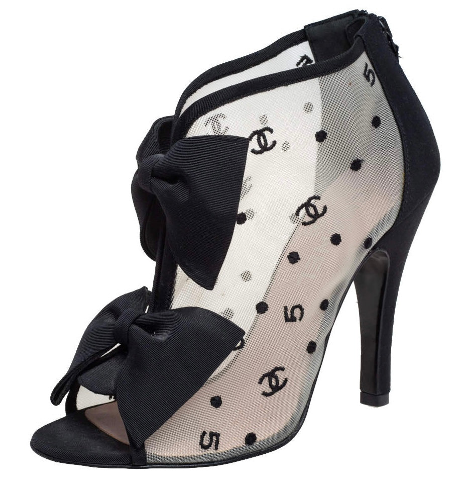 Chanel 09P CC Mesh Open Toe Bowtie Ankle Bootie Heels Size EU 37.5C