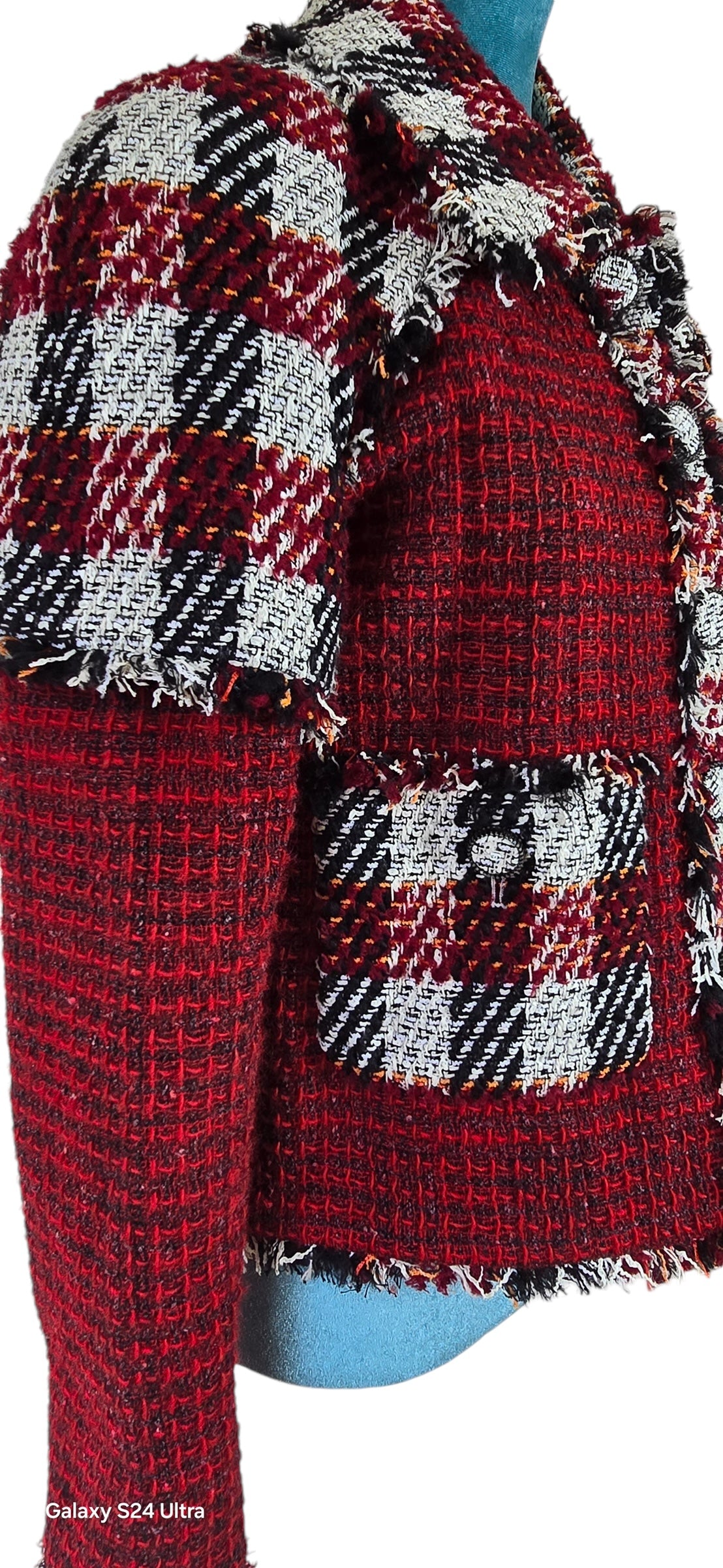 Chanel 16A Runway Burgundy Plaid Tweed Fringe Jacket FR 40