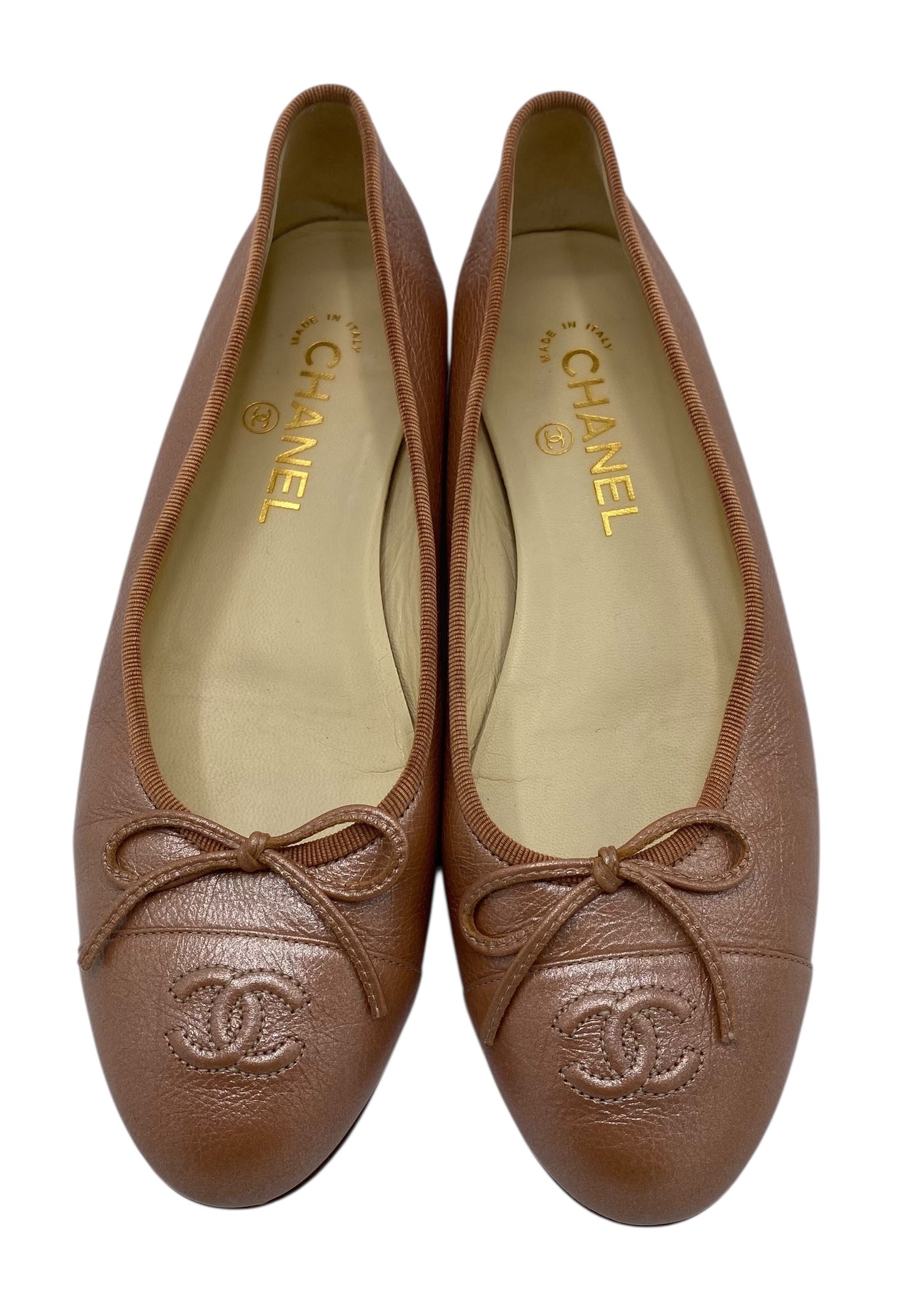 Chanel Rose Gold Leather CC Cap Toe Bow Ballet Flats EU 38C