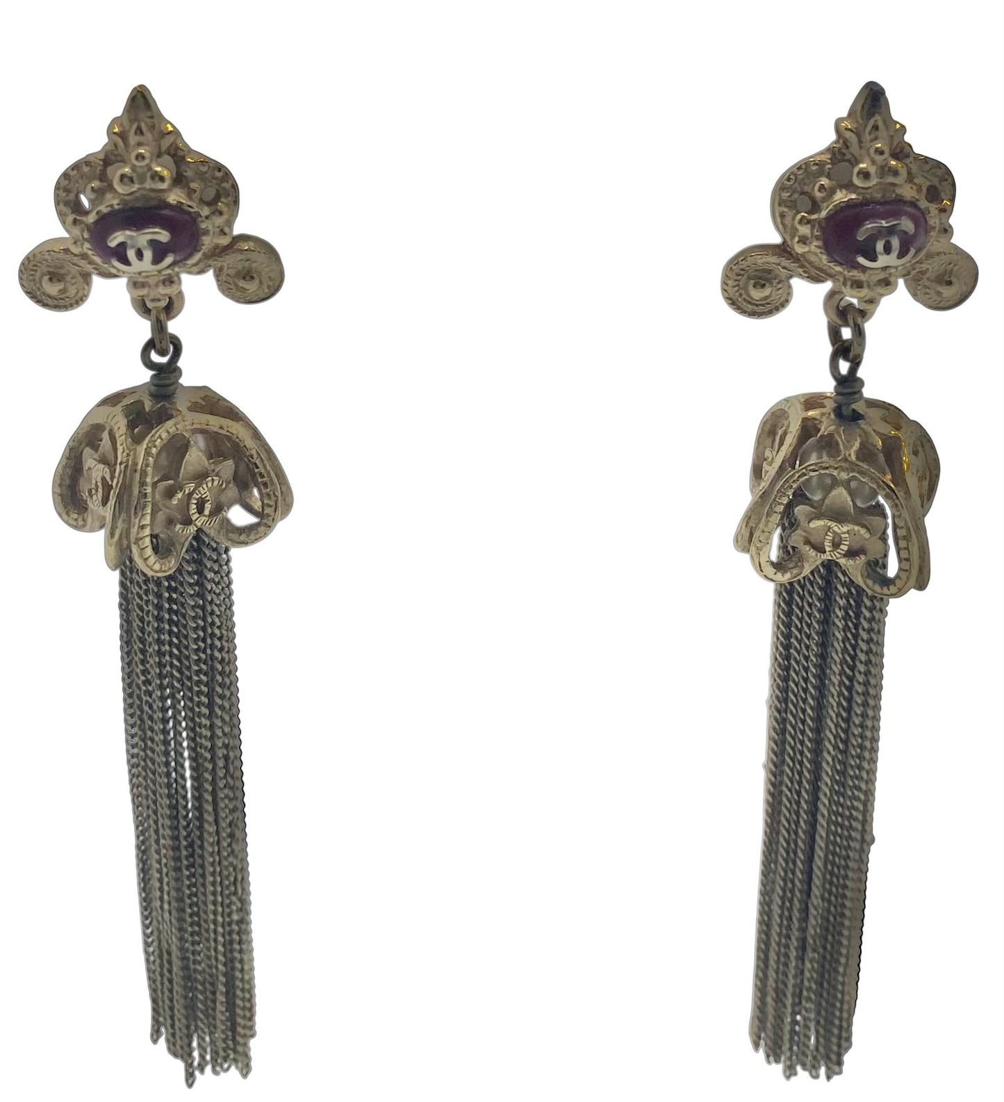 RARE Chanel 10A Paris Shanghai Gold-Tone Red Enamel Long Chain Tassel Drop Earrings