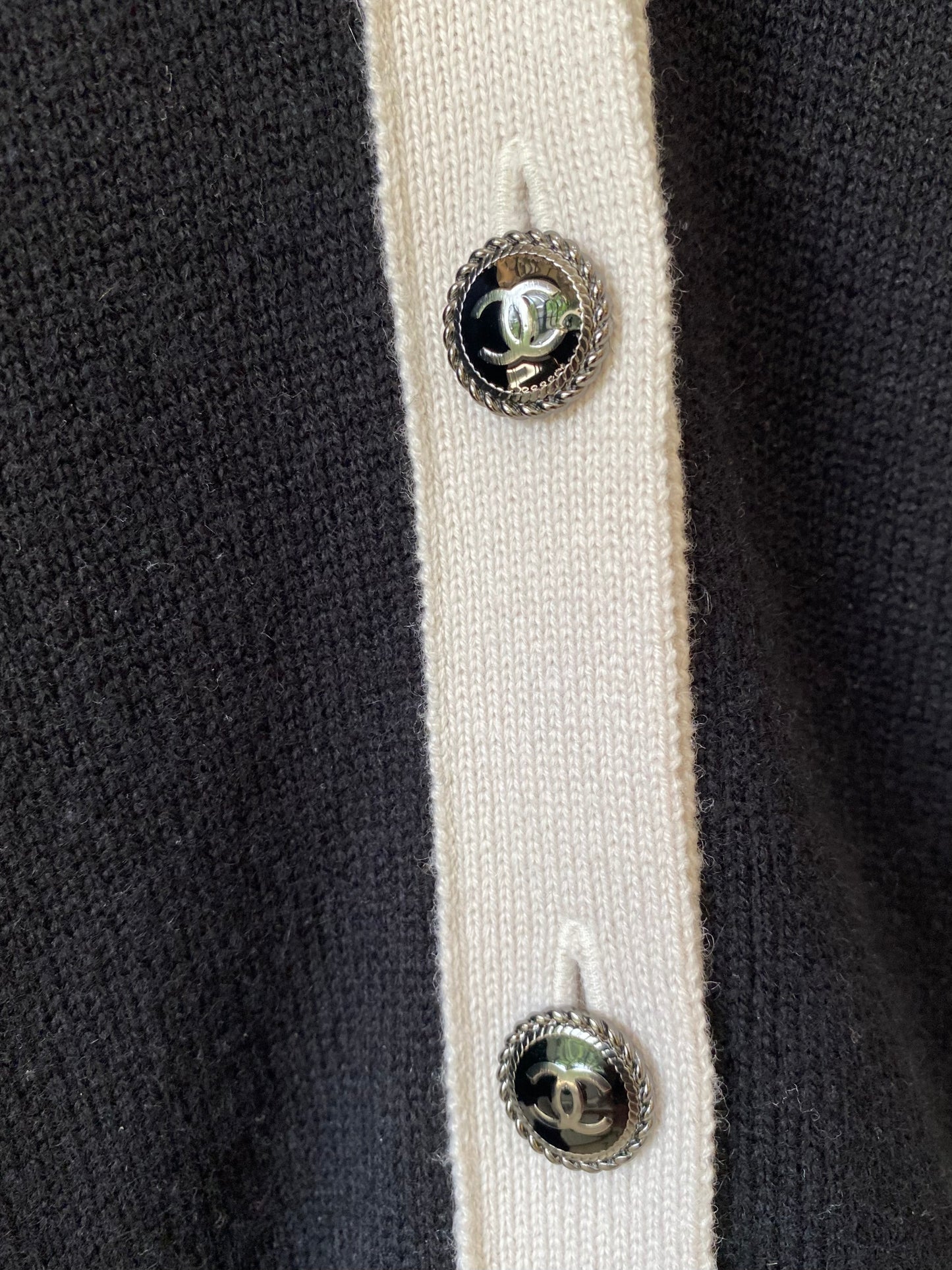 Chanel Cashmere Black and Ecru Classic Cardigan FR 42