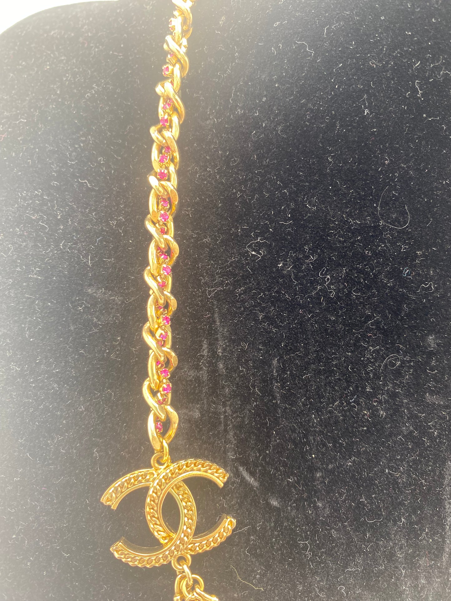 Chanel 12P Multi Strand Pink Swarovski Crystal Gold CC Necklace