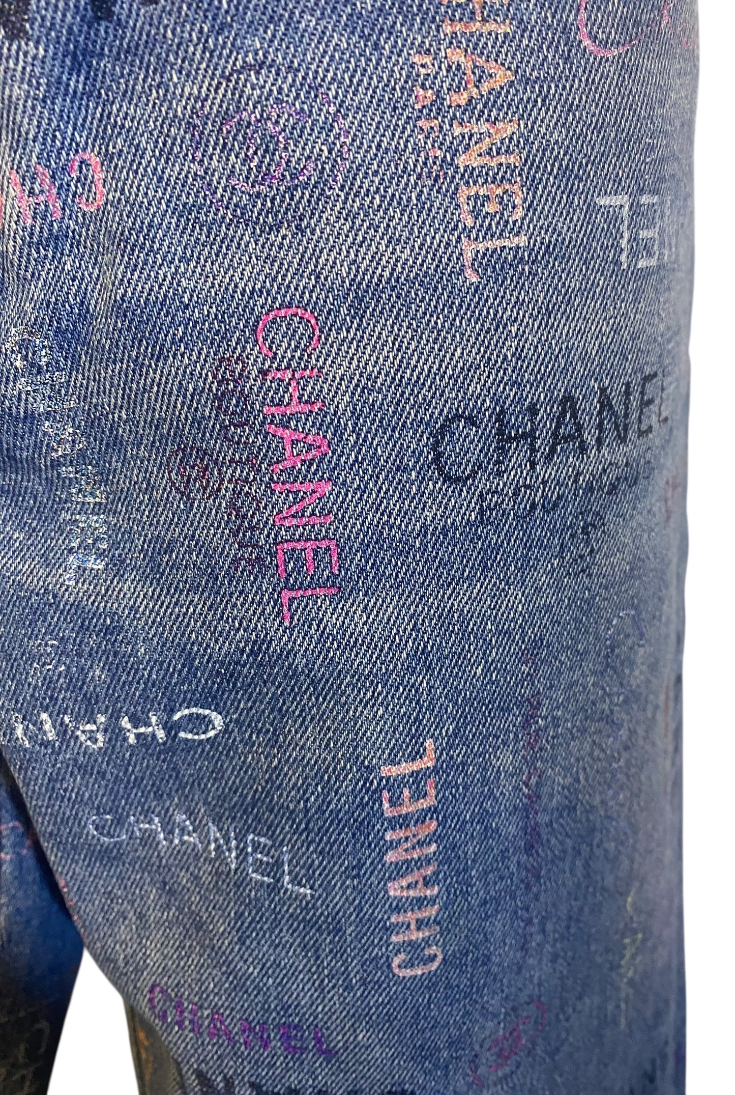 CHANEL 22P Blue & Multicolor Printed Stretch Denim Jeans FR 40