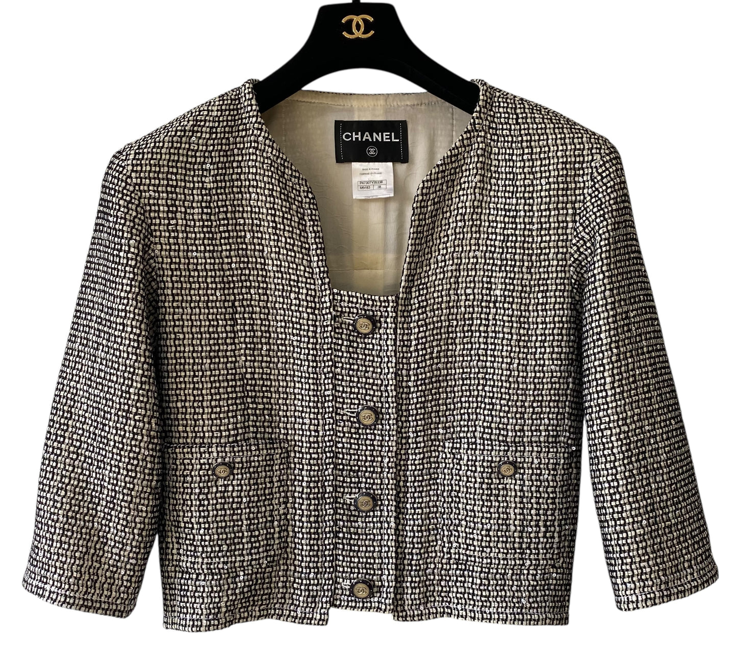 CHANEL 14C Shanghai BLACK AND WHITE TWEED JACKET FR 38