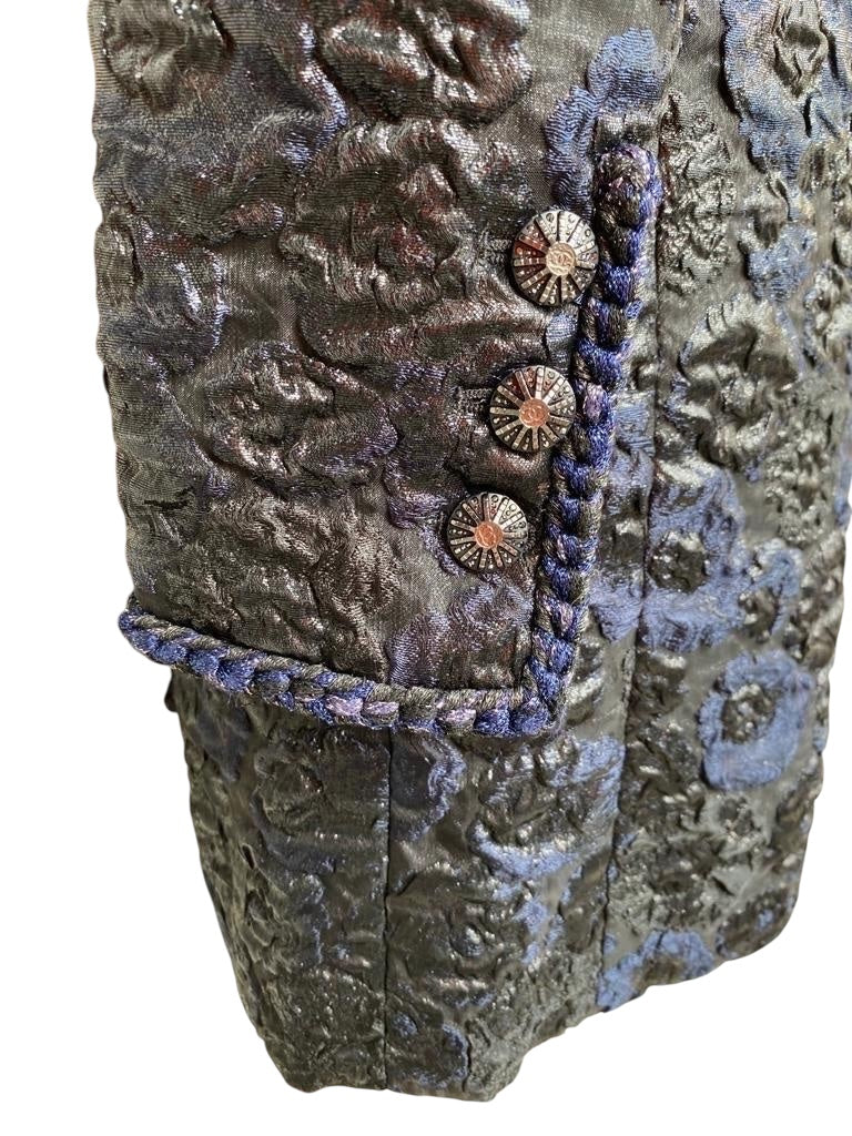 Chanel 16A Paris Rome Black Navy Metallic Camellia Jacquard Braid Long Coat Jacket FR 38