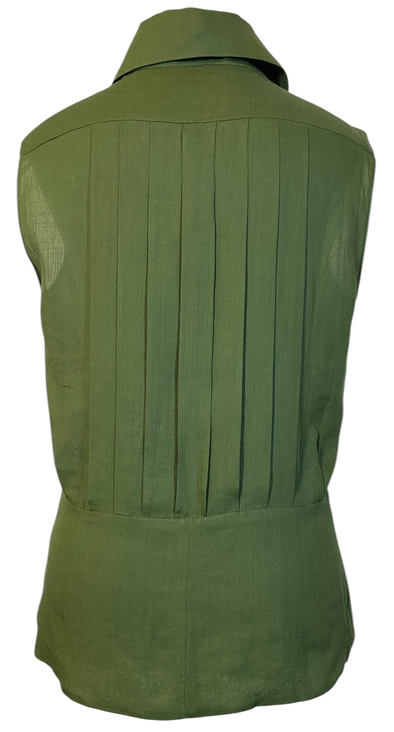 CHANEL 17C RUNWAY PLEATED GREEN LINEN SLEEVELESS BOW BLOUSE TOP FR 40