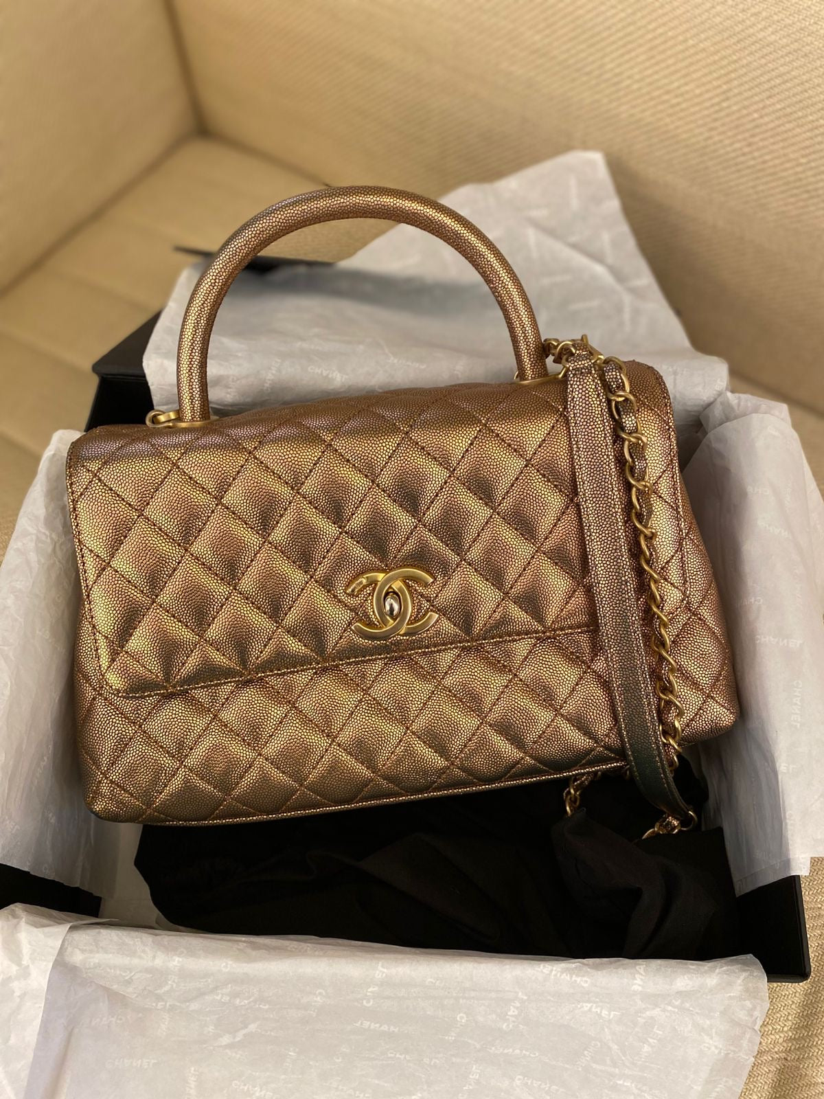 Chanel 19A Medium Metallic Rose Gold Copper Caviar Quilted Timeless Coco Handle Flap Bag