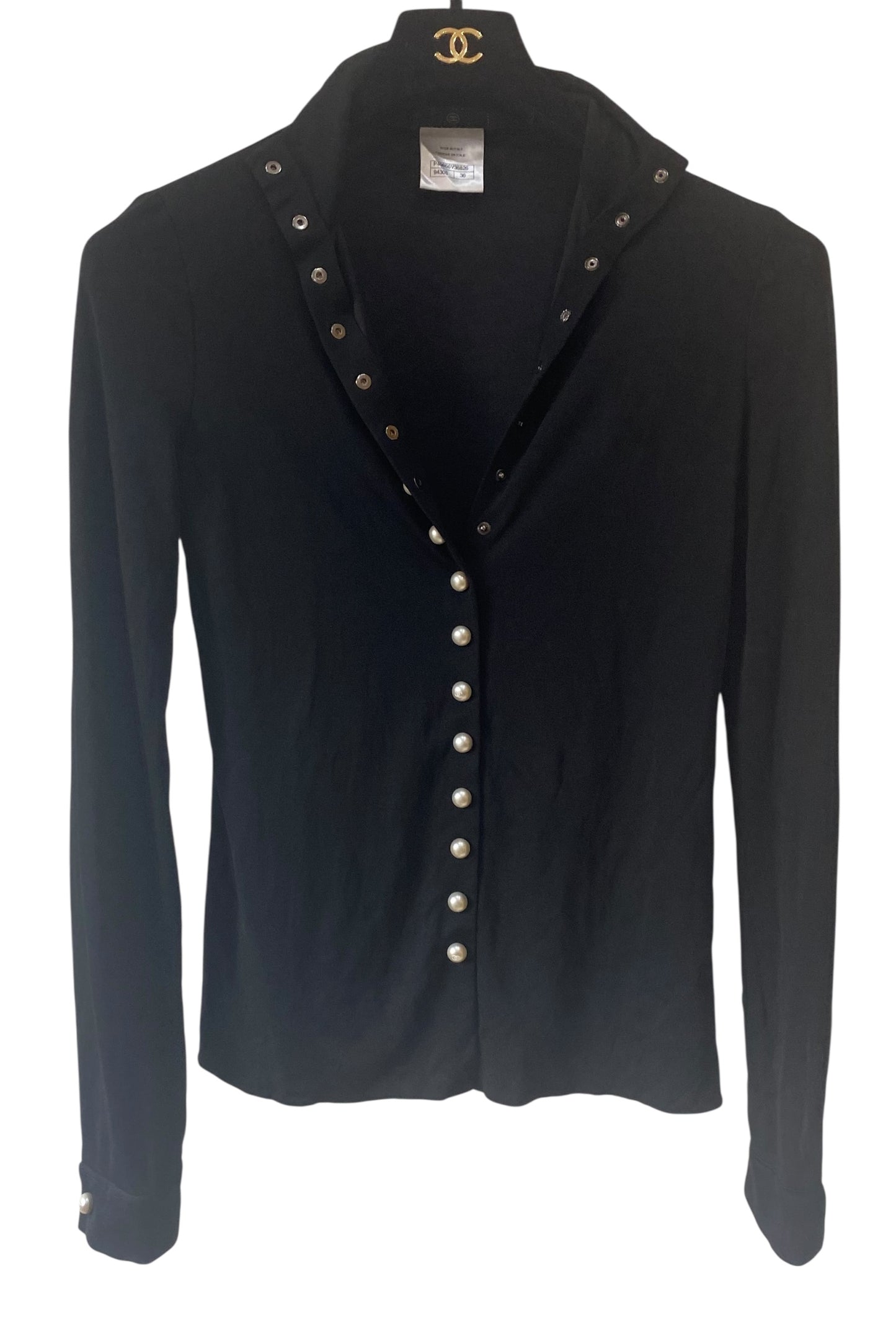 CHANEL 13P BLACK BLOUSE TOP PEARL CC BUTTONS FR 36