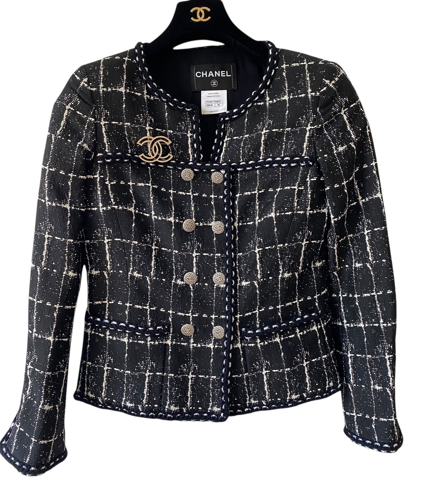 Chanel 14P Black White Grid Tweed Braided Trim Double Breasted Collarless Jacket FR 36