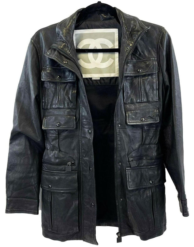Chanel 07A Runway Black Lambskin Leather Utility Jacket Coat FR 40
