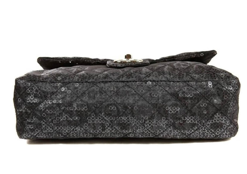 Chanel Black Hidden Sequins Mesh Jumbo Classic Flap Bag Silver Hardware