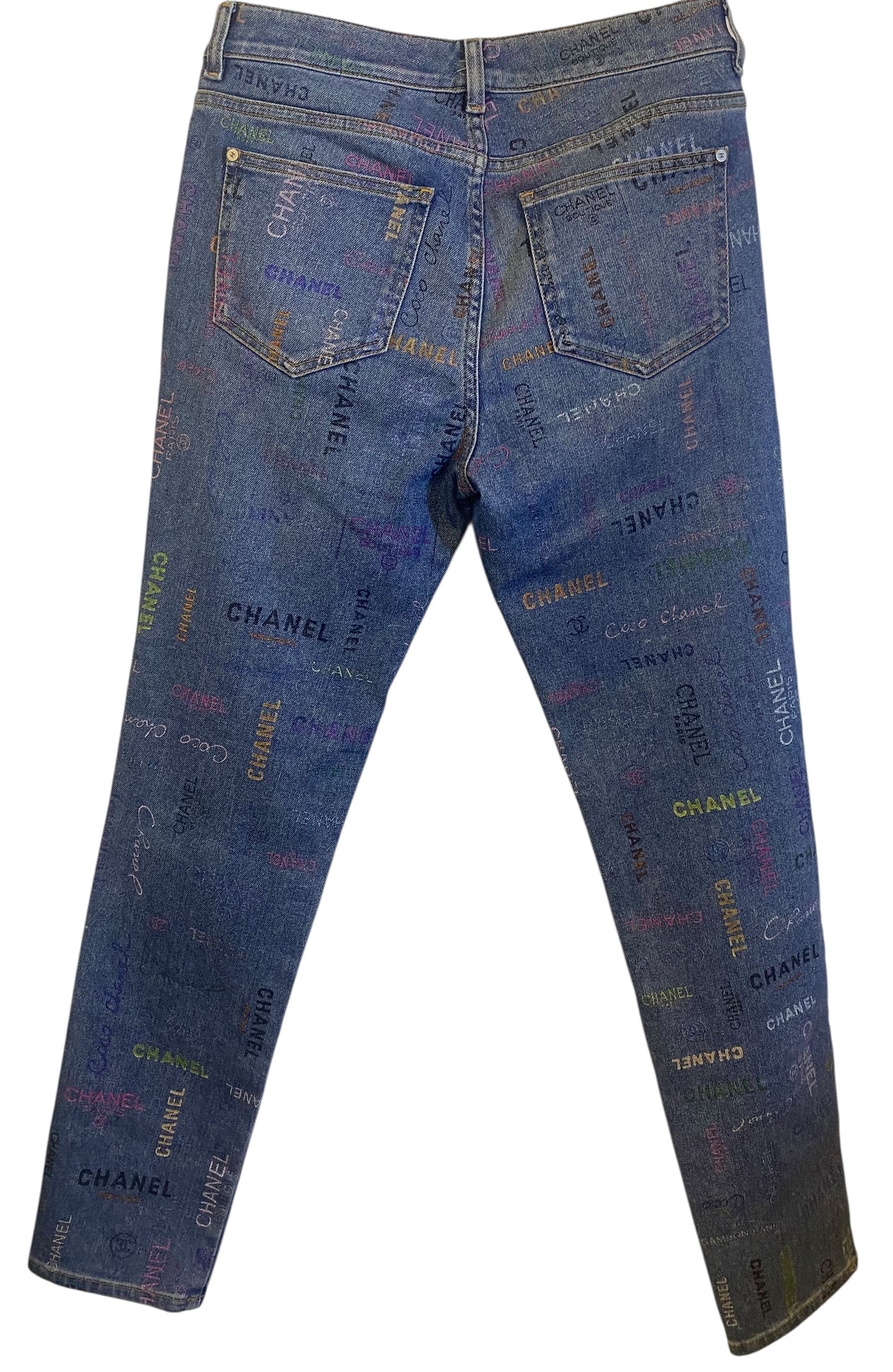 CHANEL 22P Blue & Multicolor Printed Stretch Denim Jeans FR 40