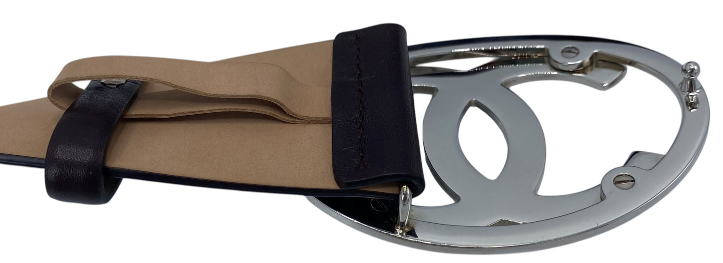 Chanel 2000 Dark Brown Leather Oval CC Silver Buckle Belt Size 95/38