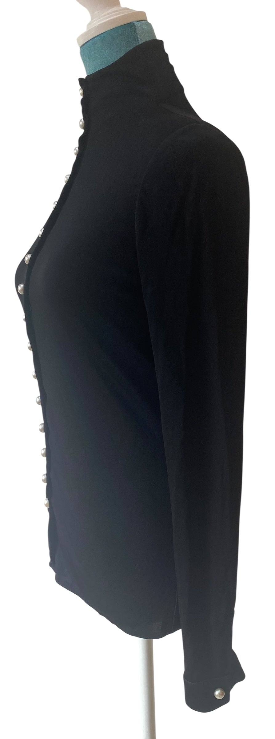 CHANEL 13P BLACK BLOUSE TOP PEARL CC BUTTONS FR 36