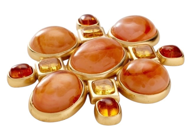 Rare Chanel 02P Runway XL Orange Yellow Gold Gripoix Cabochon Brooch