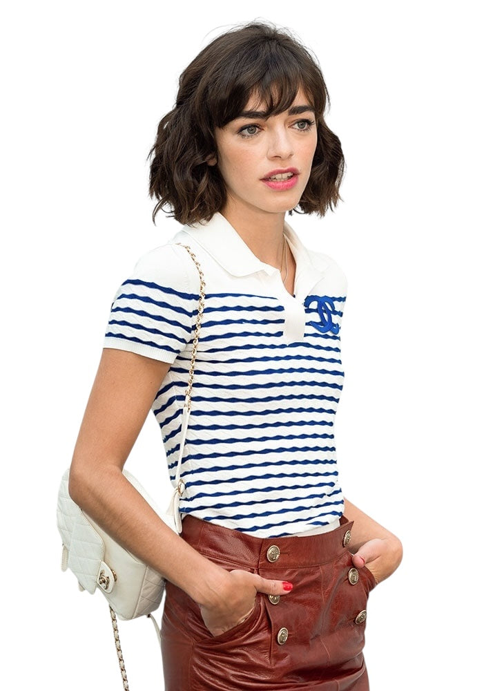 Chanel 19C La Pausa Cotton CC Logo Polo T-Shirt Stripe Blue White FR 36