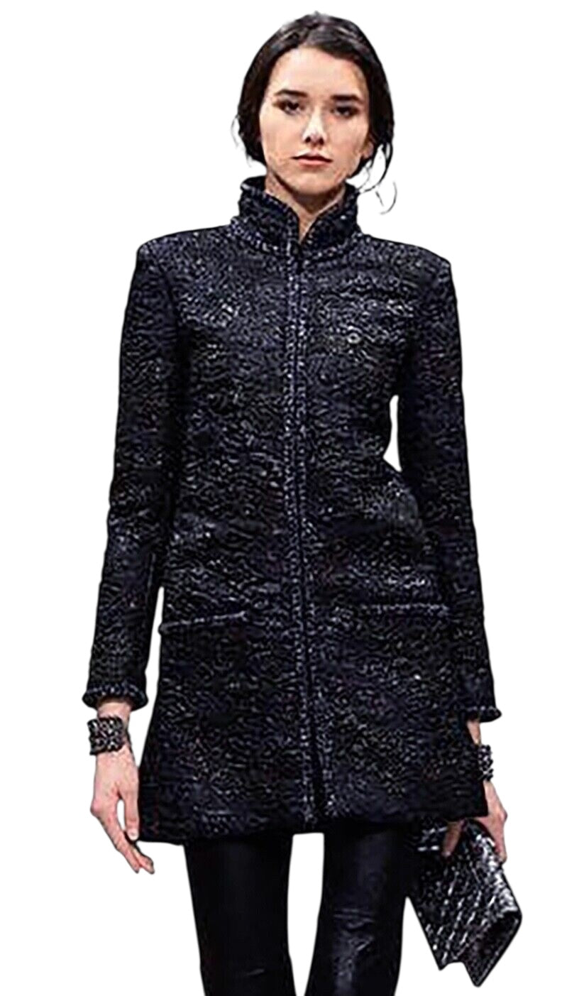 Chanel 16A Paris Rome Black Navy Metallic Camellia Jacquard Braid Long Coat Jacket FR 38