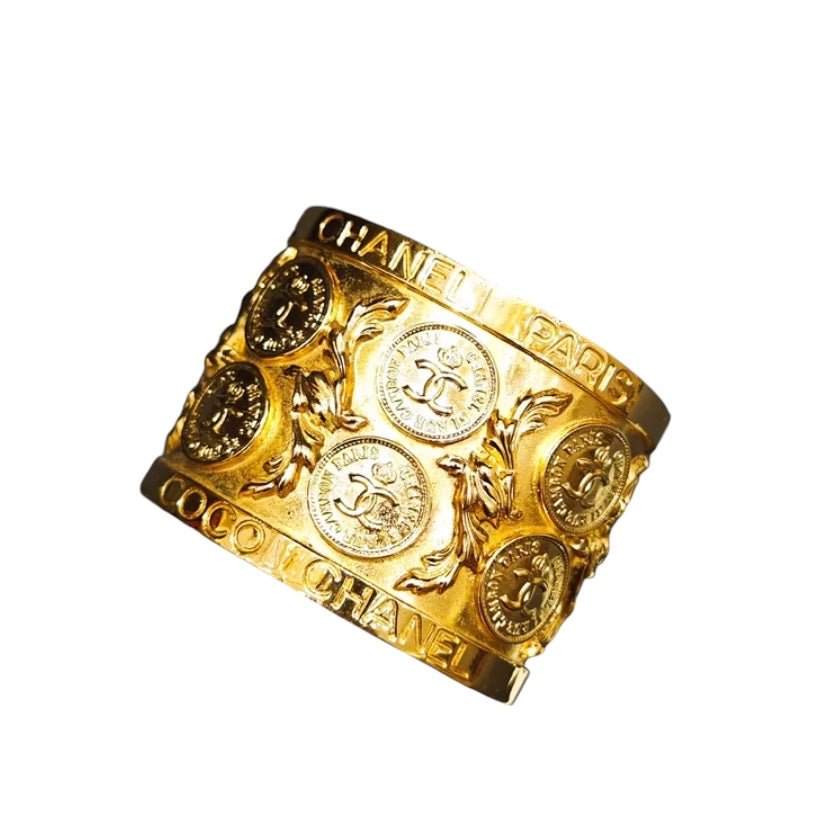 Vintage 1970’s Chanel 24K Gold Plated Metal Coin CC Logos Cuff Bangle Bracelet