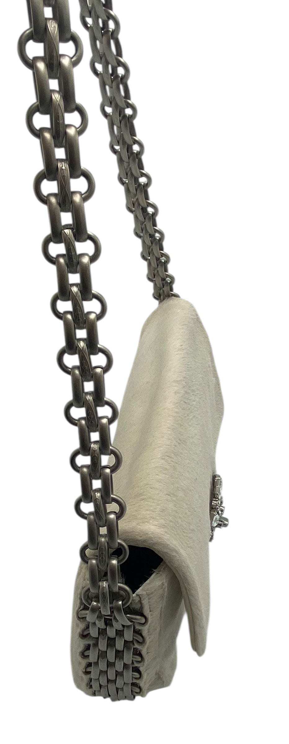 Rare Chanel White Shimmer Pony Hair Swarovski Crystal Chain Around Classic Medium Flap Bag