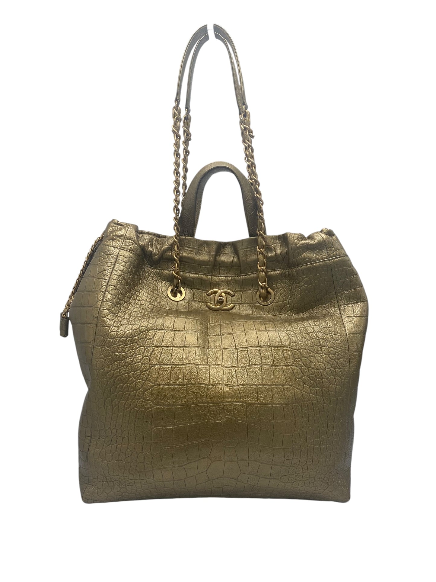 Chanel 19A Paris-New York Egyptian Limited Edition Croc Embossed Gold Leather Shopping Tote