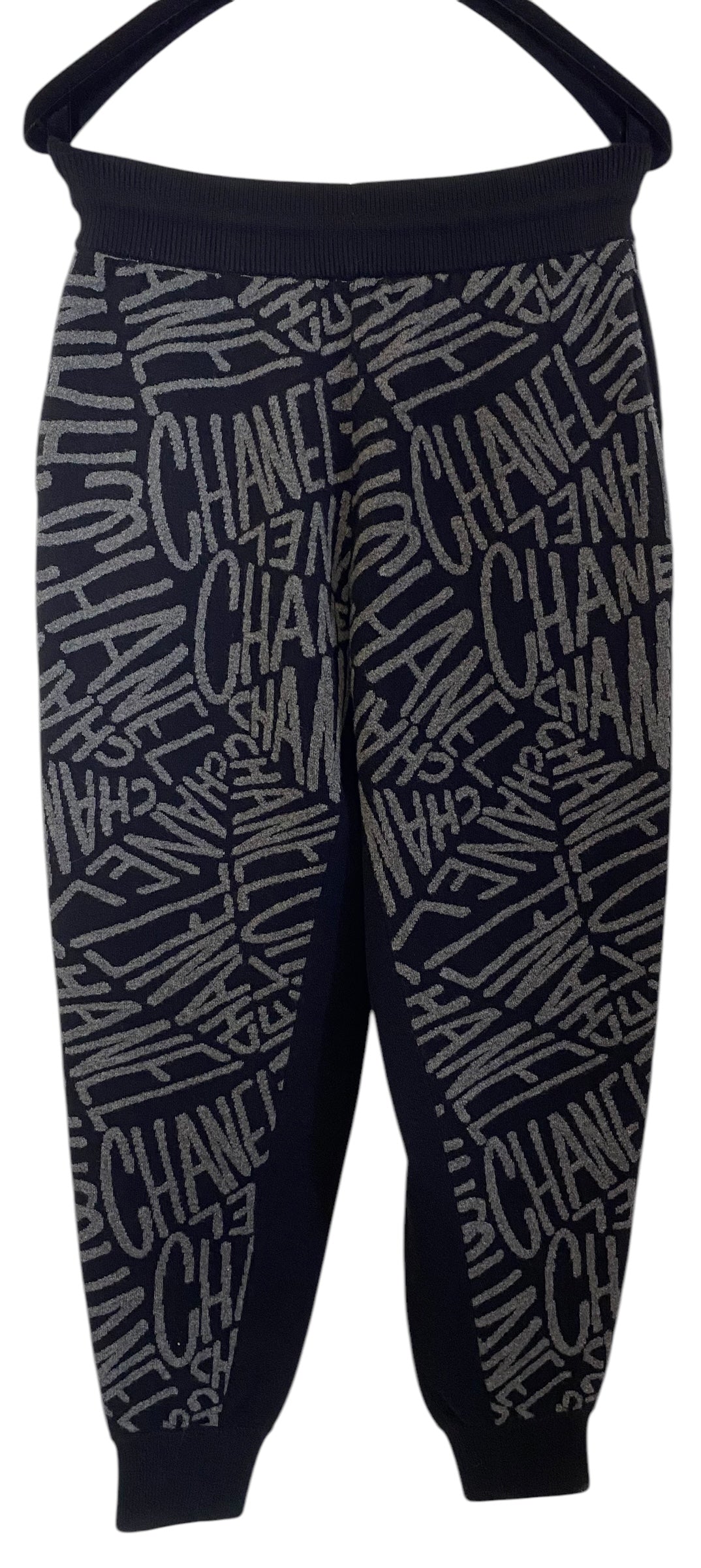 NWT Chanel Logo 21N Coco Neige Black Grey Cashmere Bottoms Lounge Pants FR 38