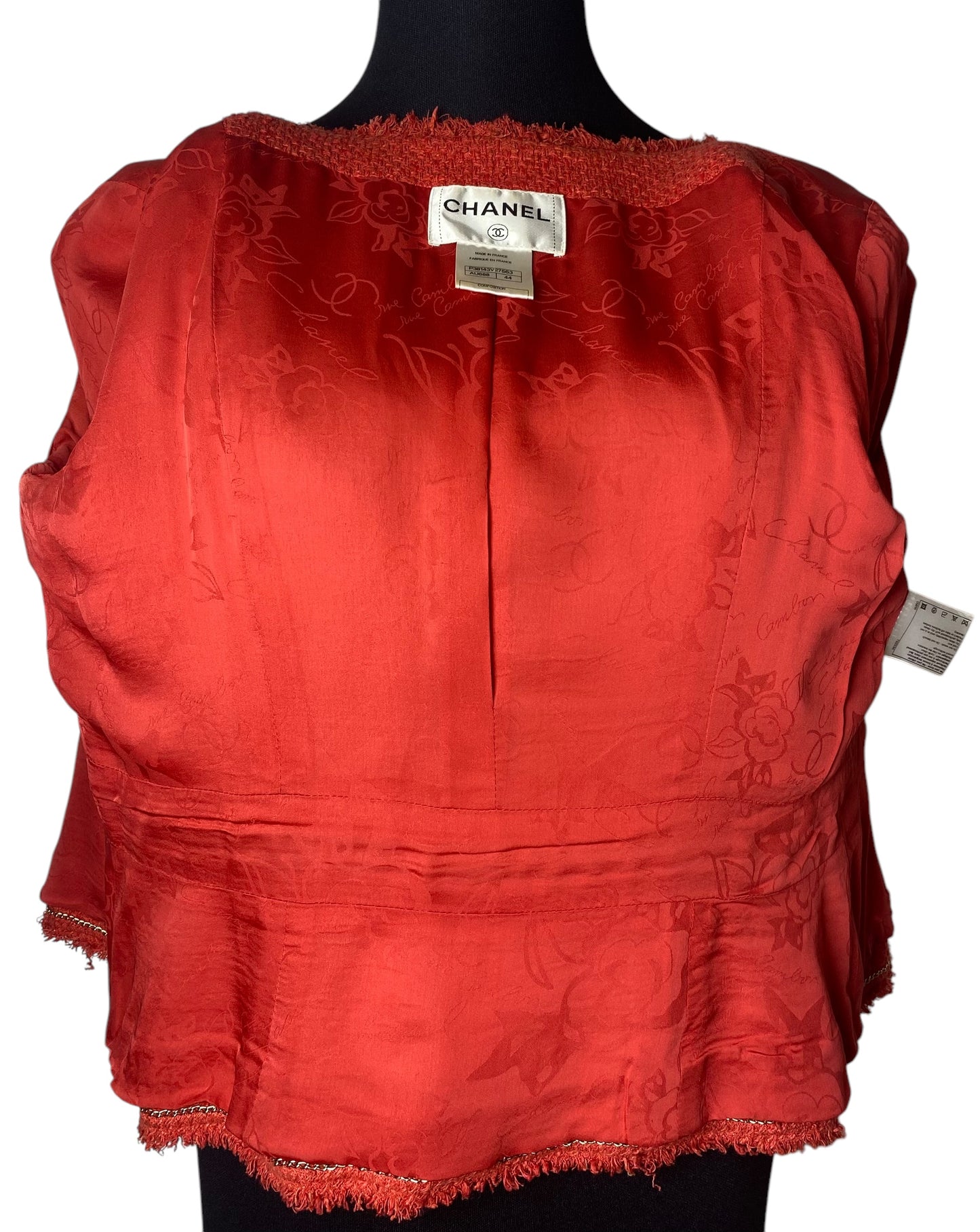 Chanel 10P Runway Red Boucle Tweed Fringe Jacket FR 44
