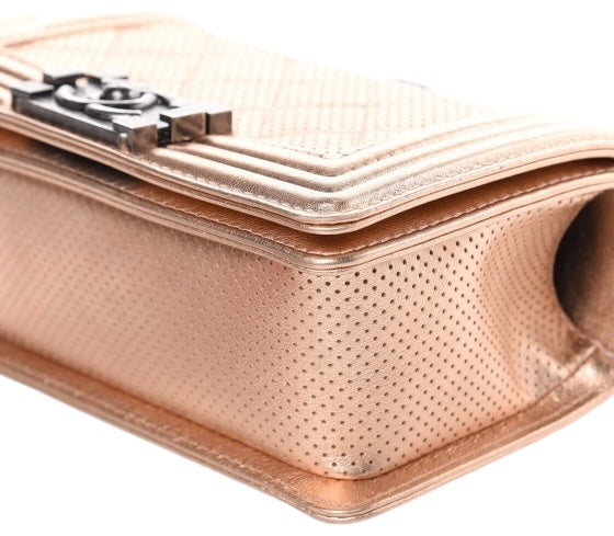 Chanel 15C Paris Dubai Rose Gold Metallic Calfskin Perforated Small Boy Flap Bag