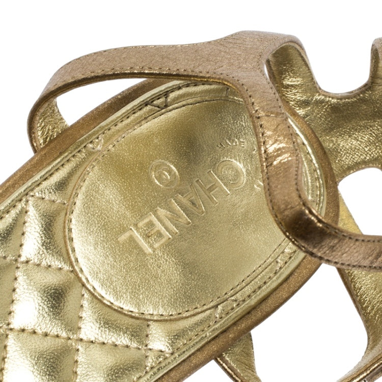 Chanel 15P Gold Metallic Jeweled Gladiator Sandal Flats EU 38.5