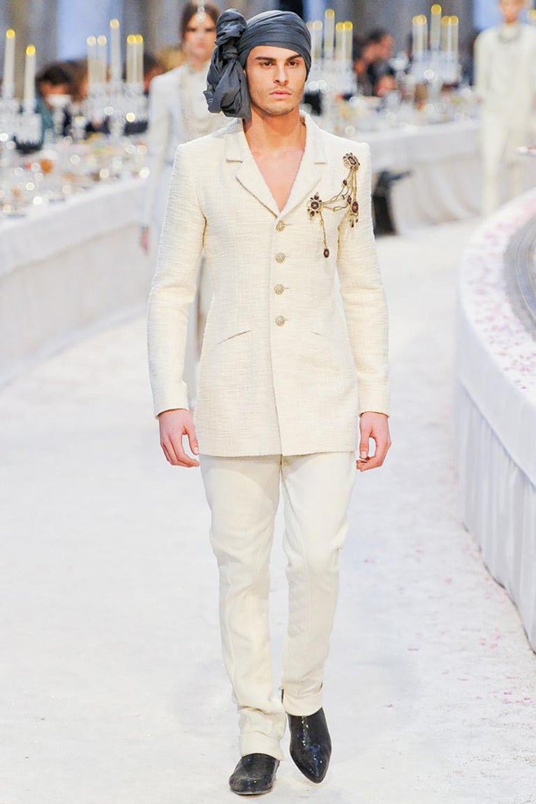 Chanel 12A Paris-Bombay Runway Ivory Ecru Cotton Blazer Long Jacket FR 38