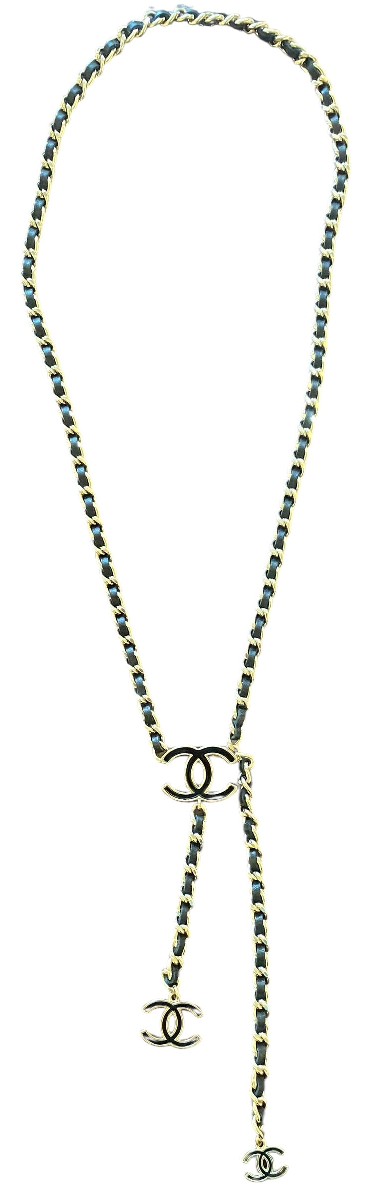 Chanel 2014 Black Leather CC Charm Gold Tone Chain Belt/Necklace