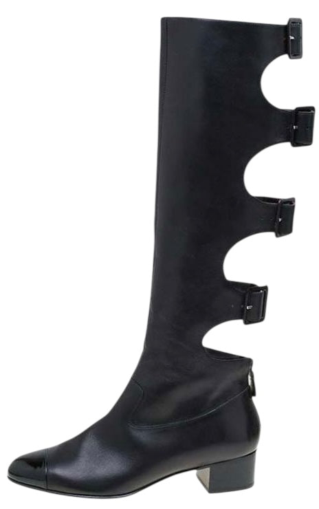Chanel 07A Runway Black Leather Gladiator Buckle Knee High Riding Boots EU 39.5