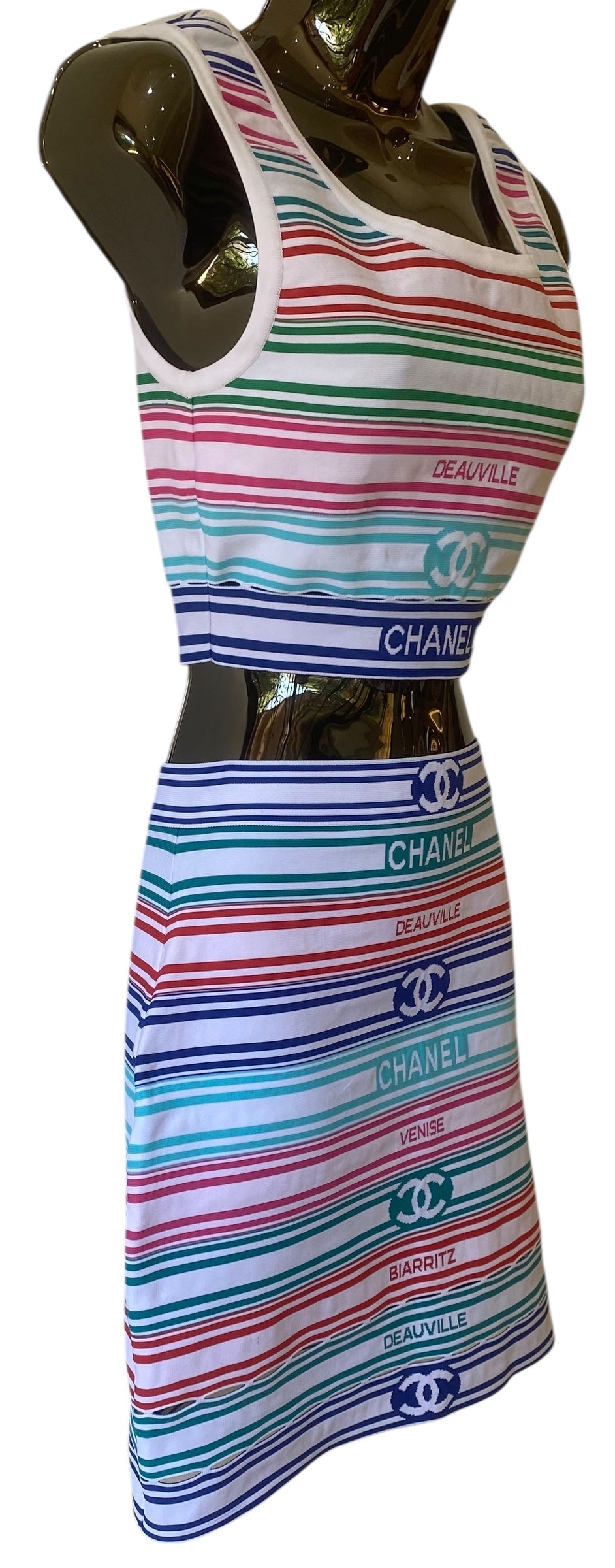 Chanel 19P Multicolor Stripe Crop Top and Skirt Set FR 36
