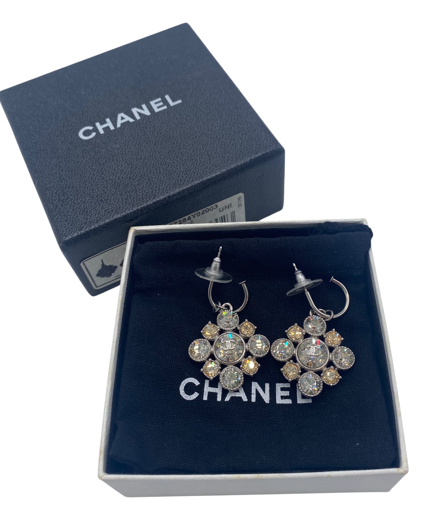 NIB Chanel Classic Crystal CC Hoop Dangle Drop Earrings