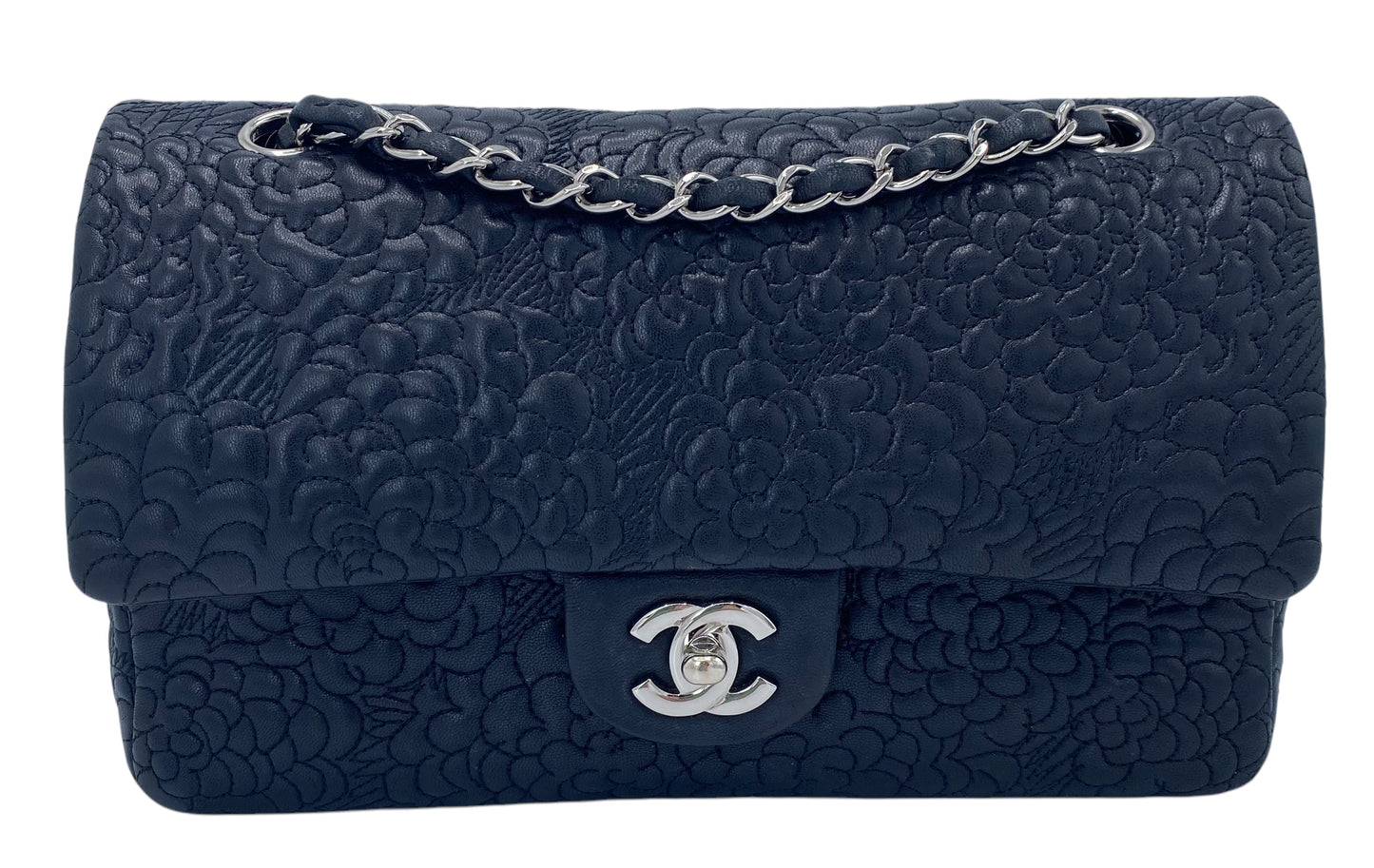 Chanel Black Camellia Embossed Lambskin Classic Timeless Medium Double Flap Bag SHW