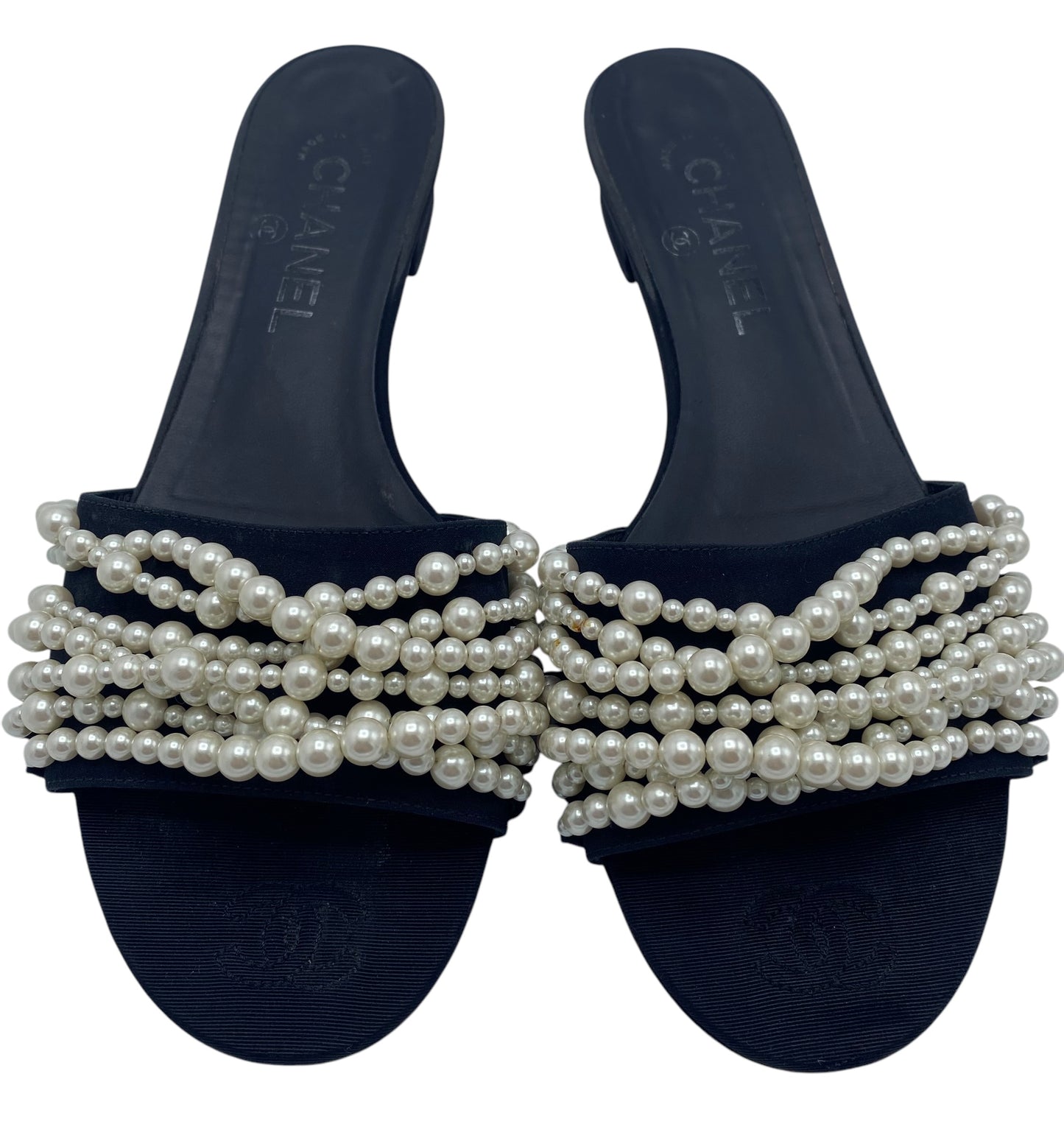 Chanel Classic Black White Pearl Slides Flats Sandals EU 39