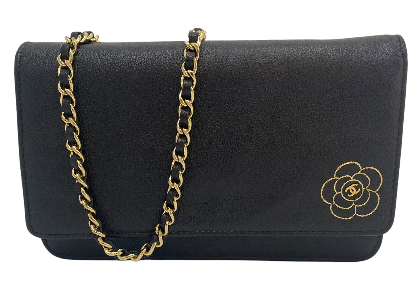 Chanel Grained Black Leather Camellia Wallet On Chain WOC Shoulder Bag GHW