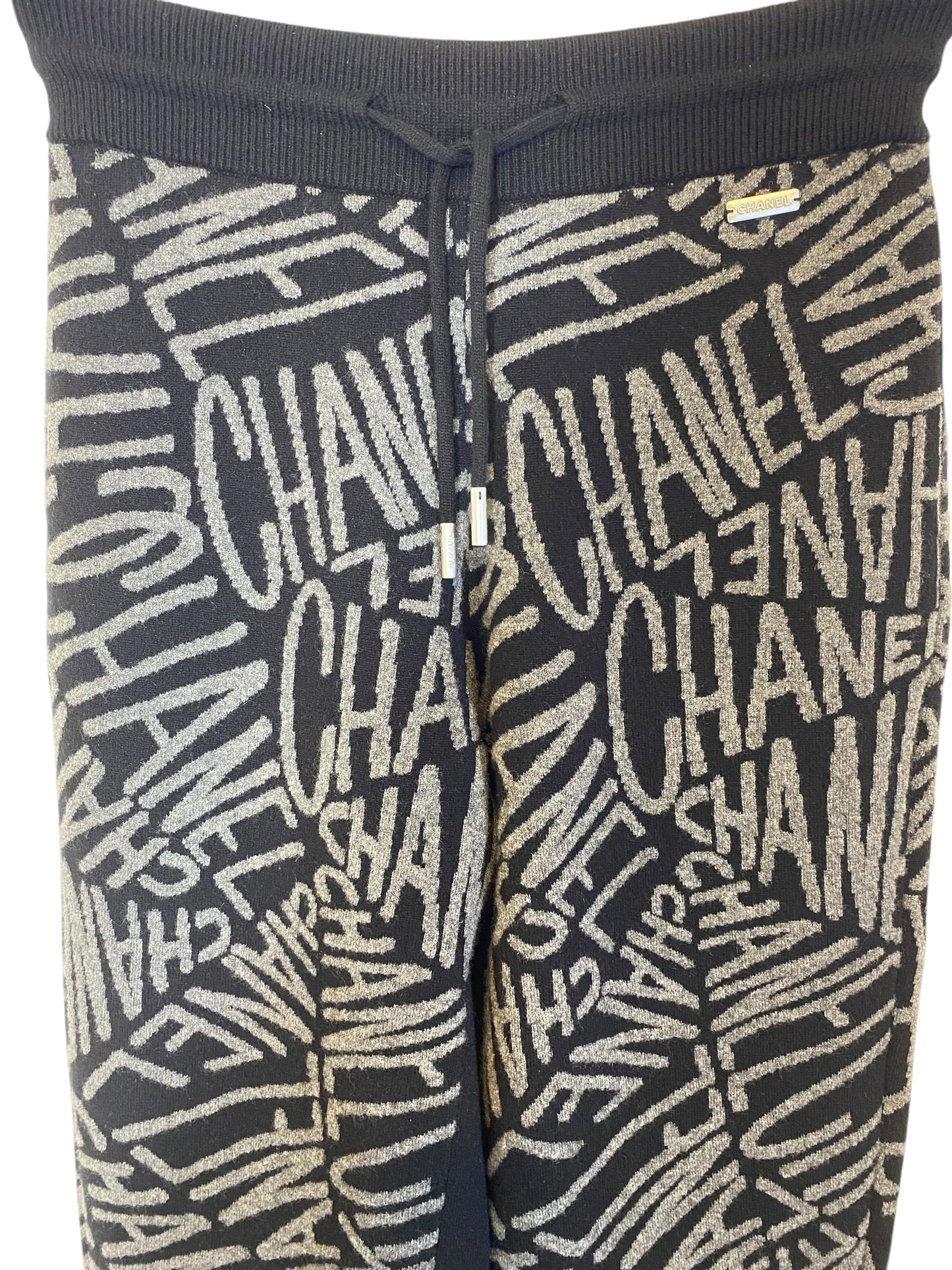 NWT Chanel Logo 21N Coco Neige Black Grey Cashmere Bottoms Lounge Pants FR 38
