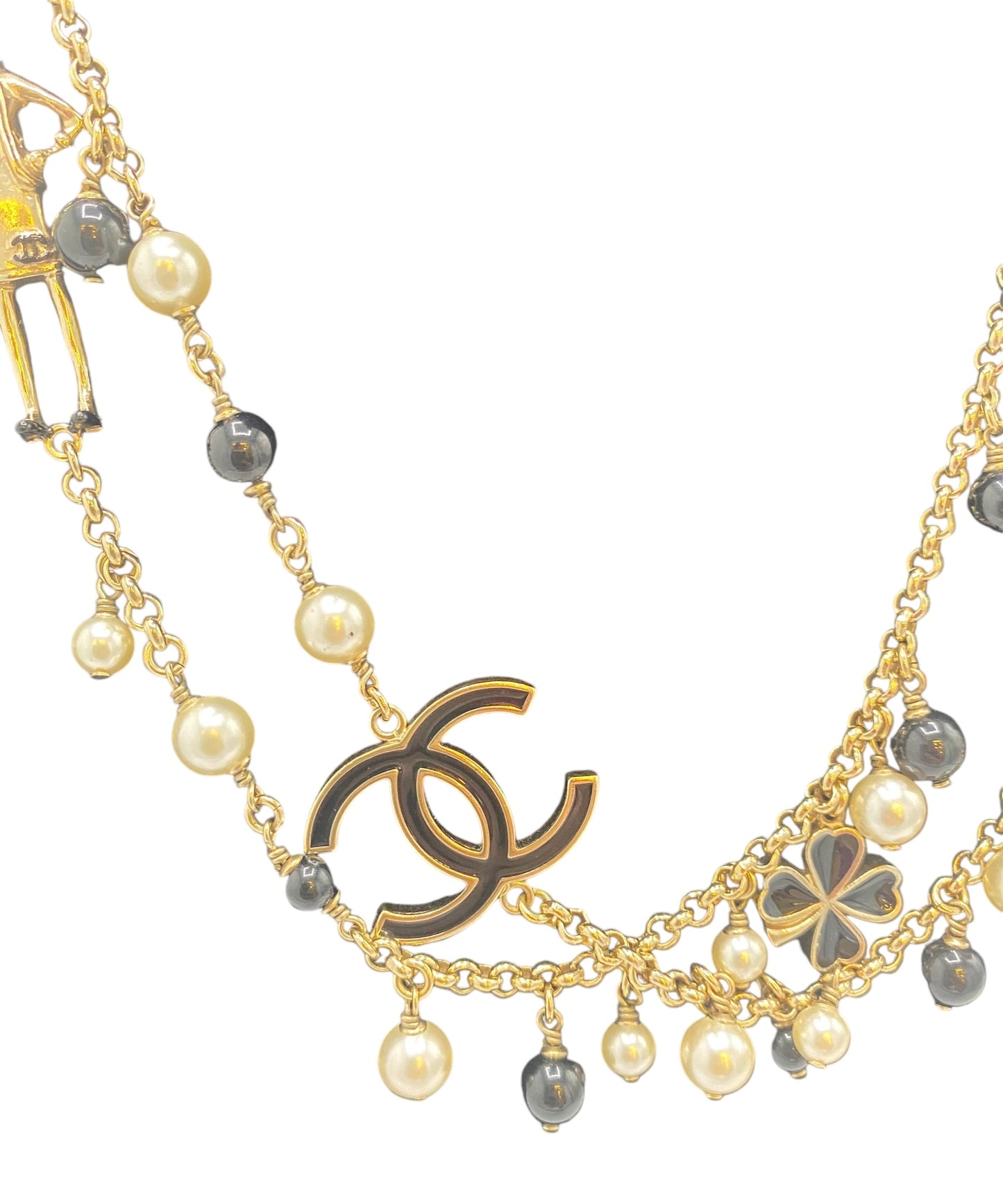 Chanel 14P Limited Edition Coco Lucky Charms Long Gold Black Pearl CC Necklace