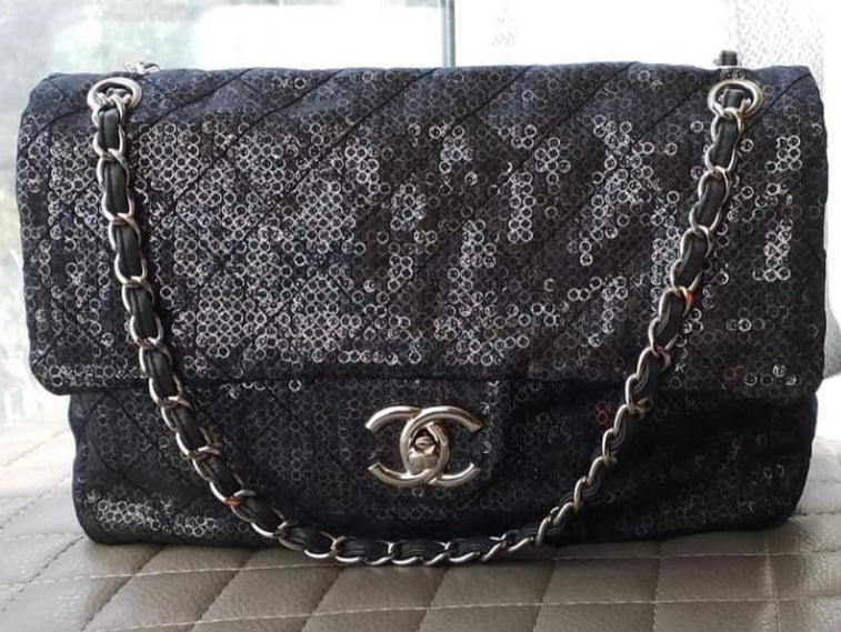 Chanel Black Hidden Sequins Mesh Jumbo Classic Flap Bag Silver Hardware