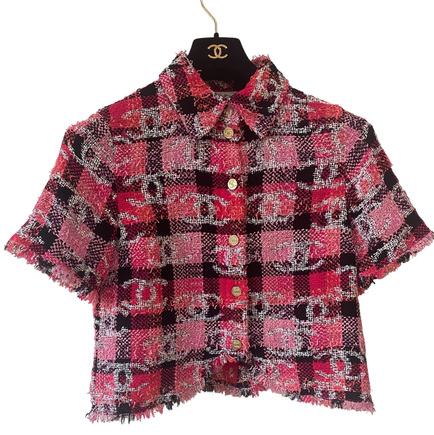 Chanel 22M Coco Beach Pink Fantasy Tweed Sequin Blouse Jacket Top FR 36