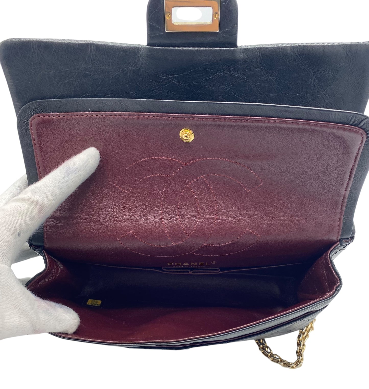 Chanel Black Quilted Aged Calfskin 2.55 Reissue 225 Small Double Flap Bag Gold Hardware