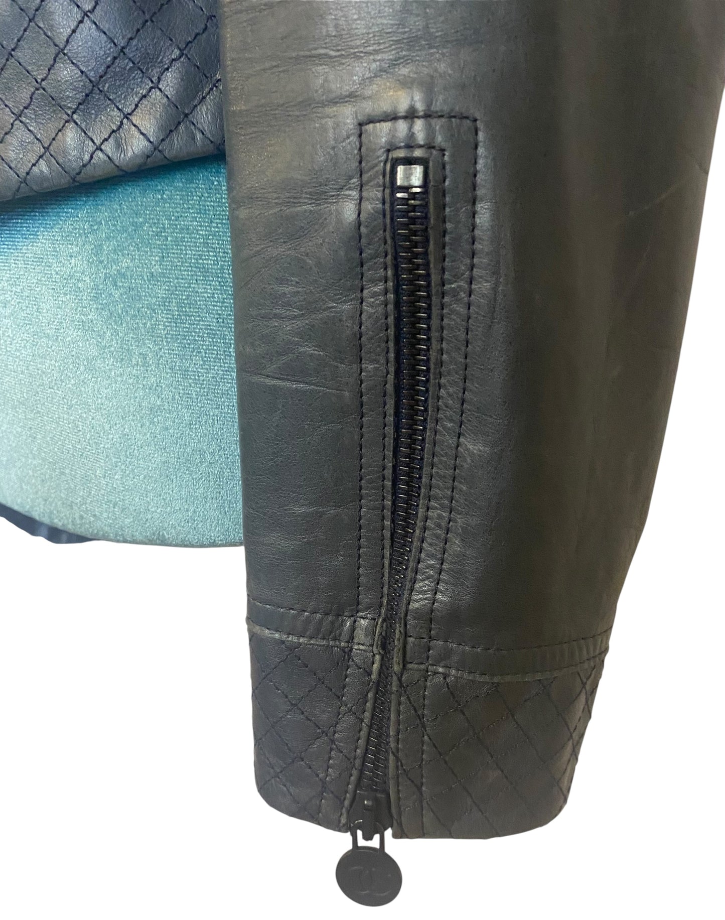 Chanel 12P Navy Blue Petrol Quilted Leather Biker Jacket FR 36