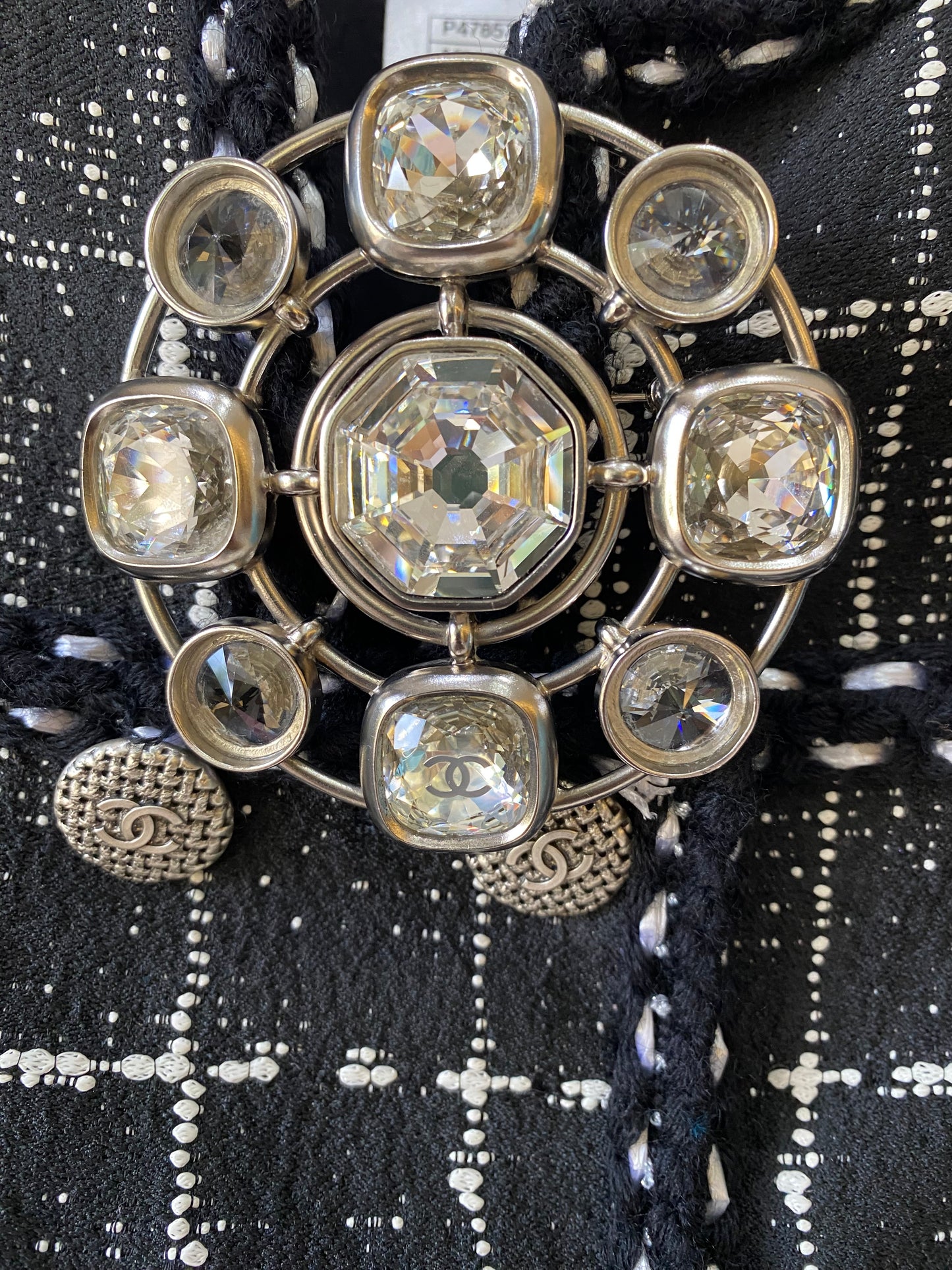 Chanel 17A Runway XL Round Swarovski Crystal Silver Brooch
