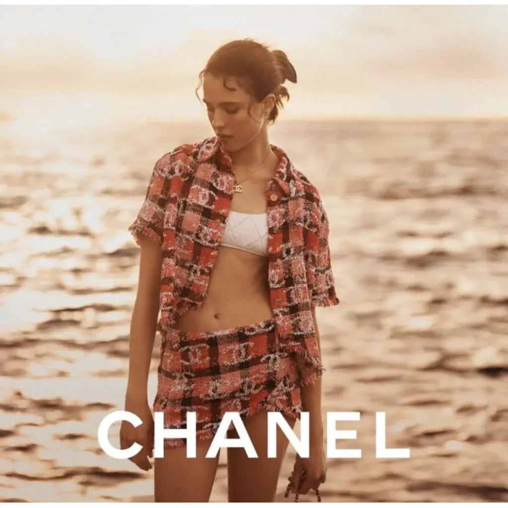 Chanel 22M Coco Beach Pink Fantasy Tweed Sequin Blouse Jacket Top FR 36