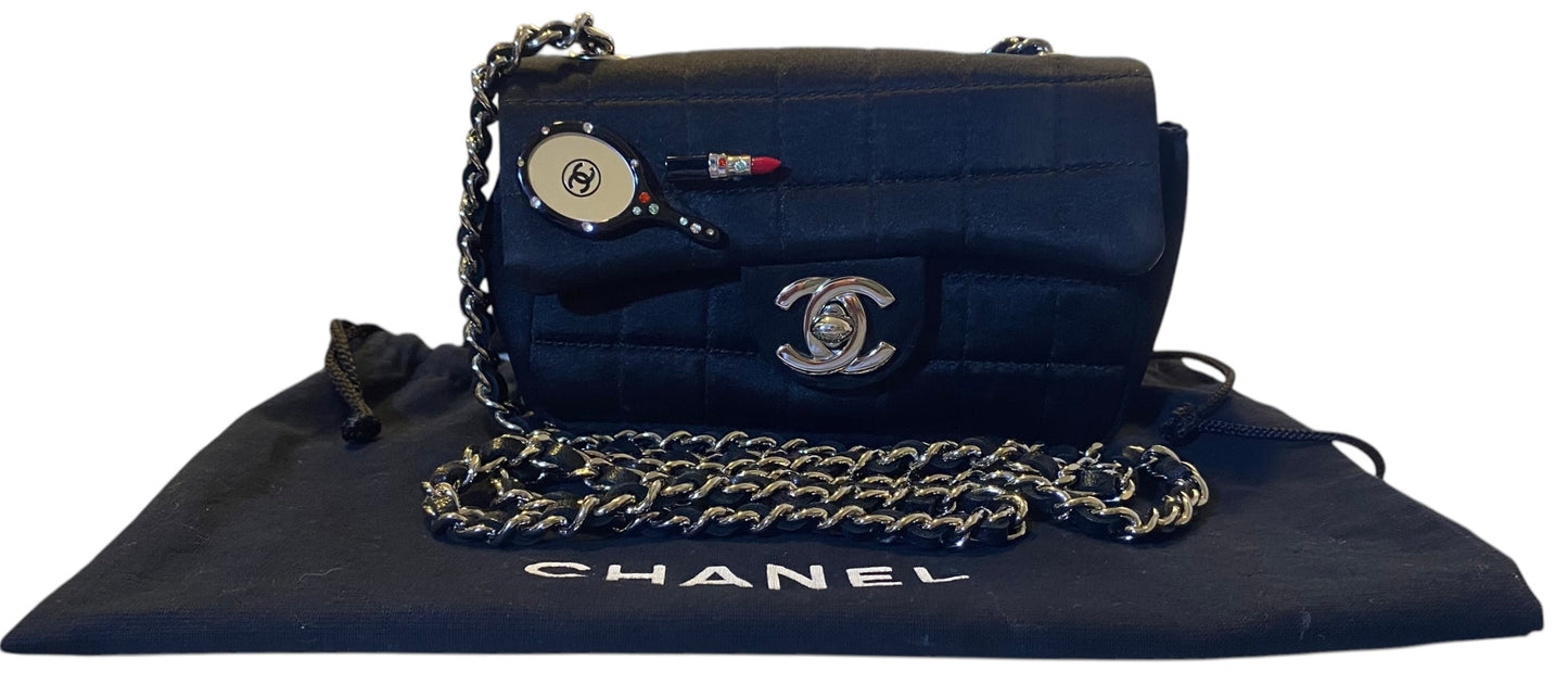 Chanel 04A Black Satin Mini Micro Square Quilted Lipstick Mirror Charm Flap Bag